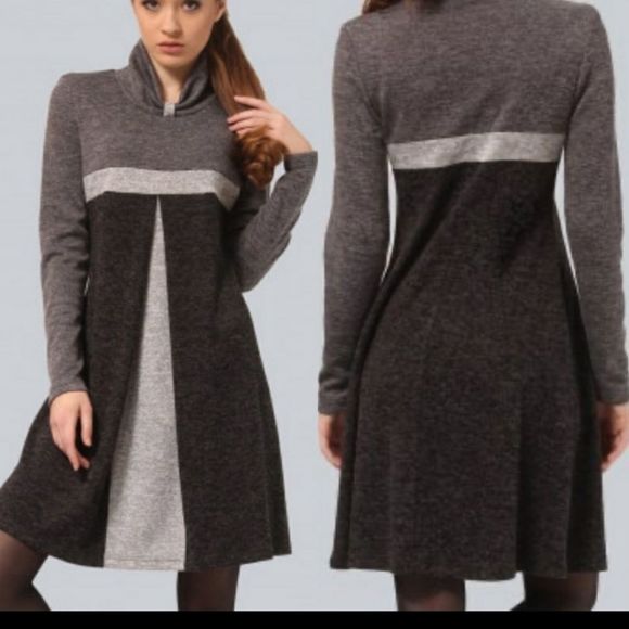 Agata Webers Grey Gray Dress‎ Split Front Mock Neck Dress 14 - Picture 1 of 7